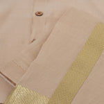 Beige-gold silk shirt & dhoti with golden zari border for boys aged 6M–5Y. Traditional festive wear for Onam, weddings & celebrations.
