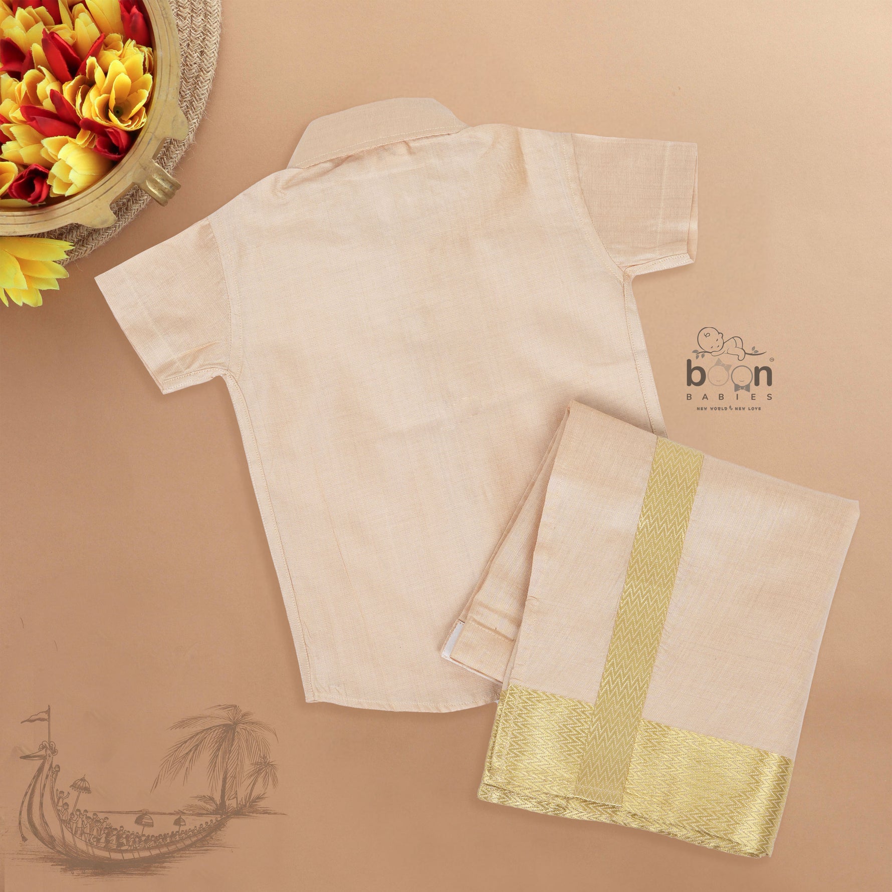 Beige-gold silk shirt & dhoti with golden zari border for boys aged 6M–5Y. Traditional festive wear for Onam, weddings & celebrations.