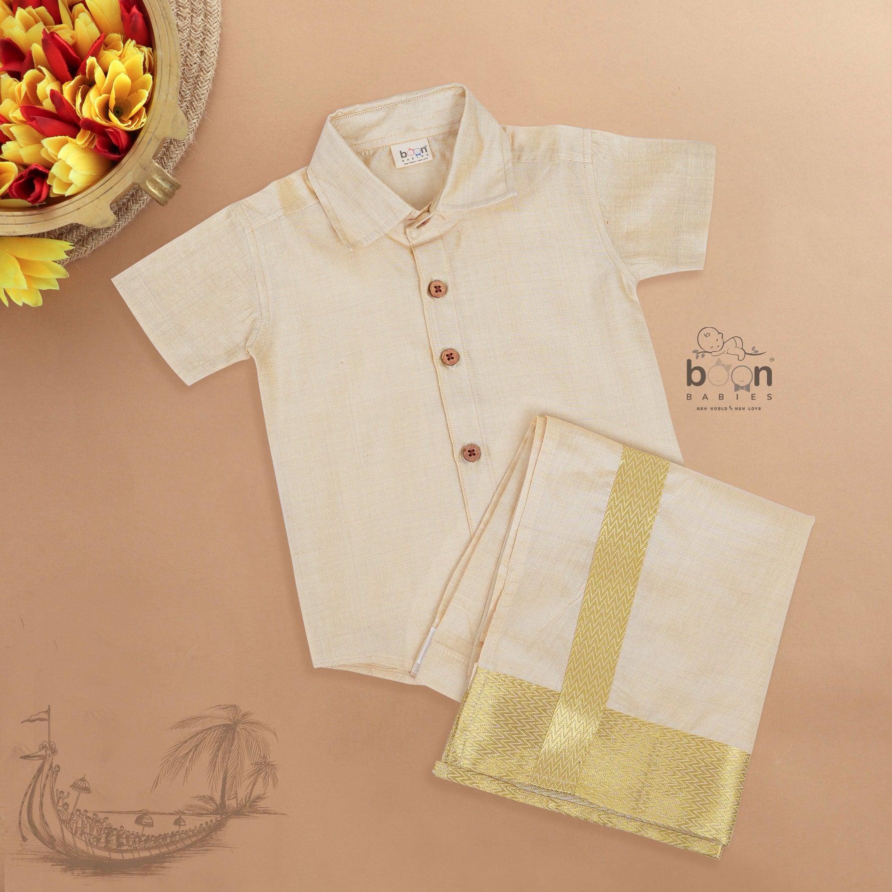 Traditional cream silk shirt & golden zari dhoti set for boys. Ages 6M–5Y. Perfect festive wear for Onam & celebrations.