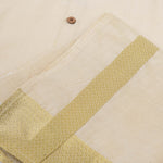Traditional cream silk shirt & golden zari dhoti set for boys. Ages 6M–5Y. Perfect festive wear for Onam & celebrations.