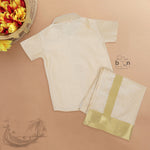 Traditional cream silk shirt & golden zari dhoti set for boys. Ages 6M–5Y. Perfect festive wear for Onam & celebrations.