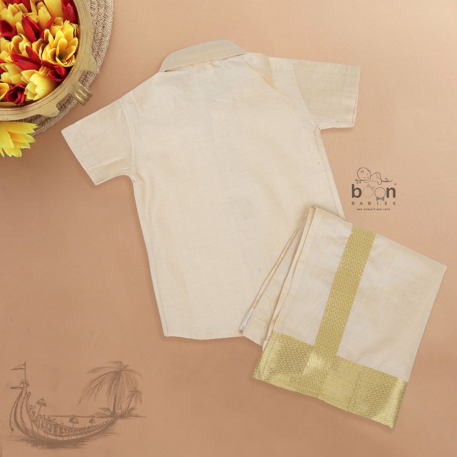Traditional cream silk shirt & golden zari dhoti set for boys. Ages 6M–5Y. Perfect festive wear for Onam & celebrations.
