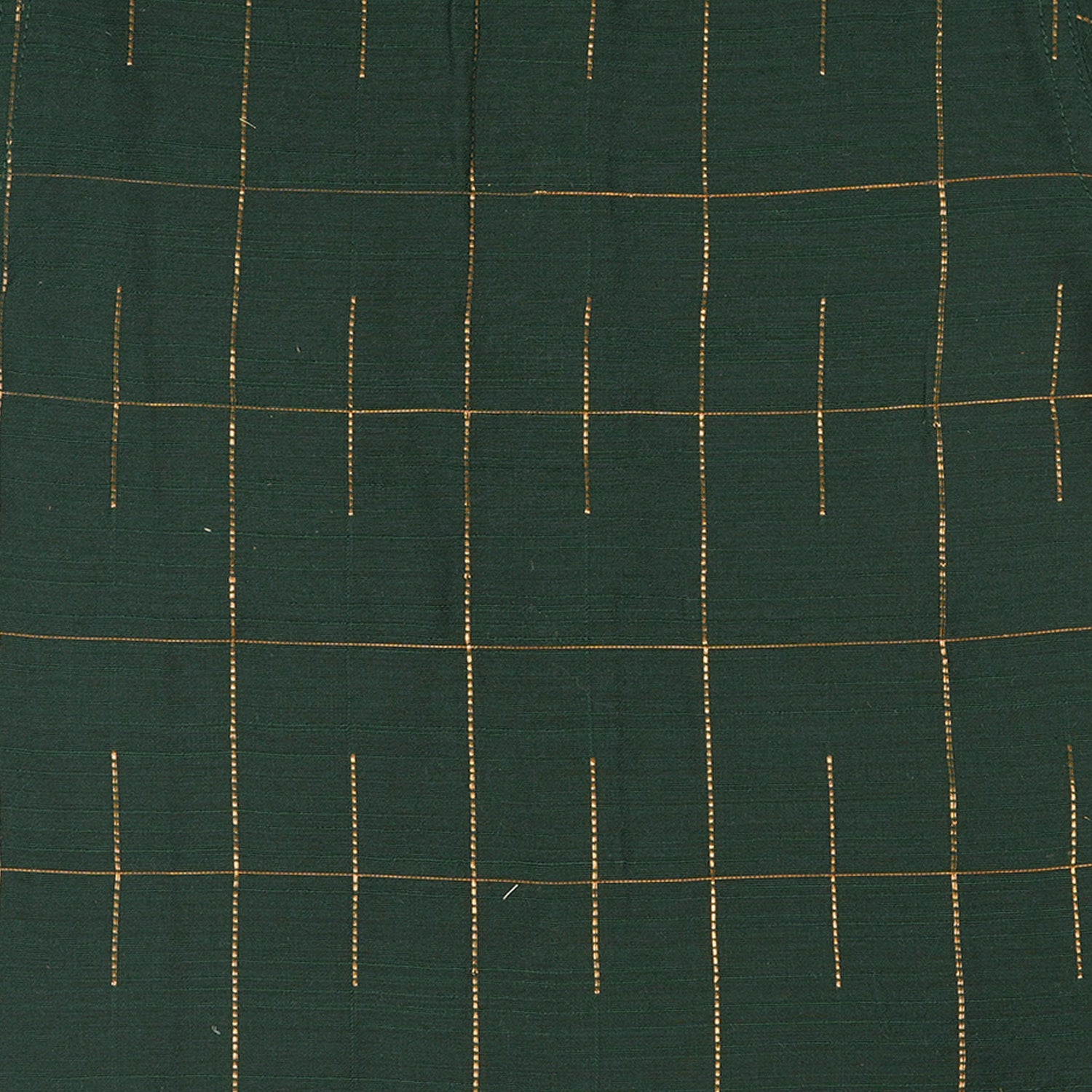 Dark green checked silk Chinese collar shirt with white dhoti and golden border – boys traditional wear flatlay by Boon Babies.
