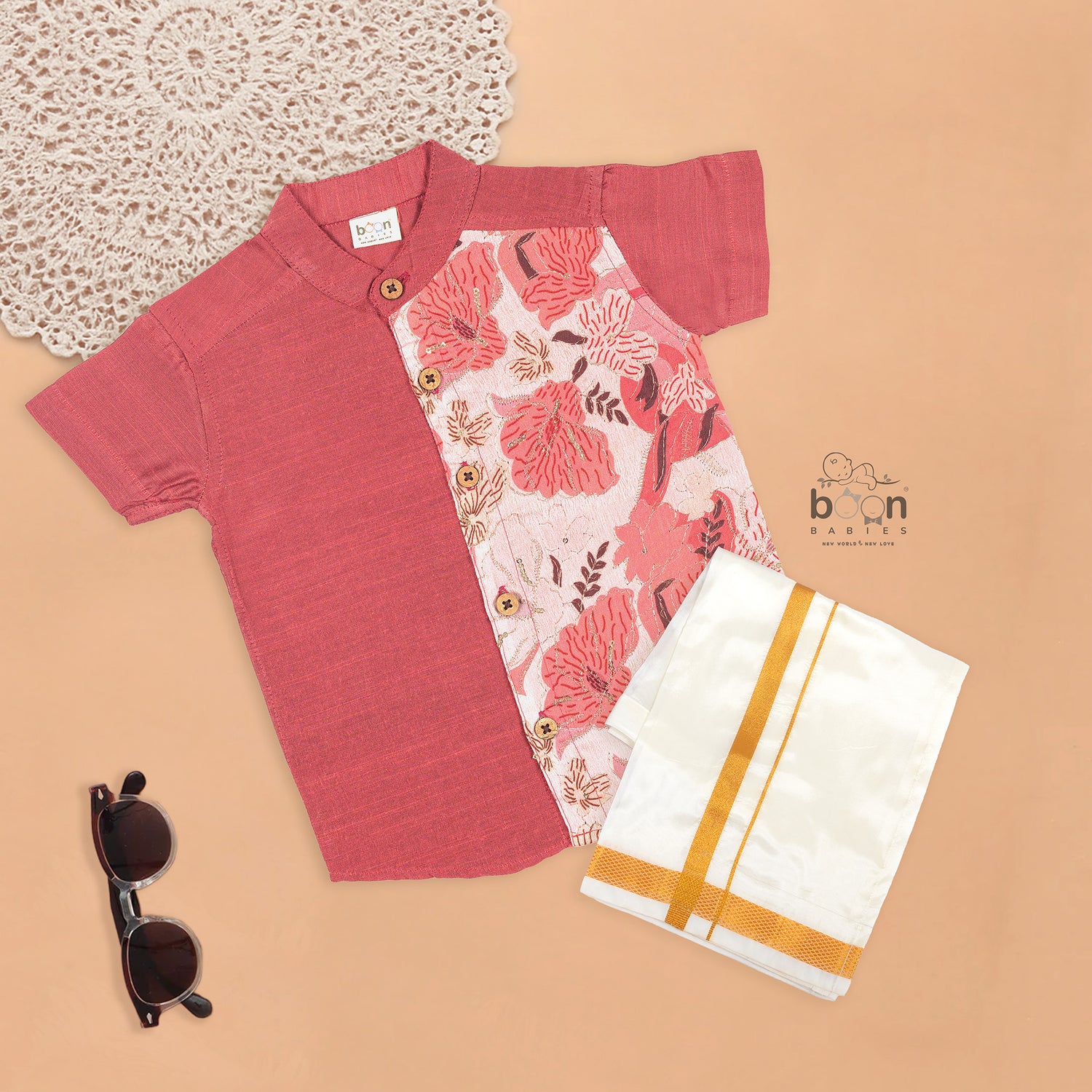 Dusty Rose Silk Panel Shirt with White Pattu Dhoti for Boys – Traditional Festive Set