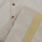 Silver silk shirt & dhoti set with golden zari border for boys aged 6M–5Y. Ideal festive wear for Onam & celebrations.