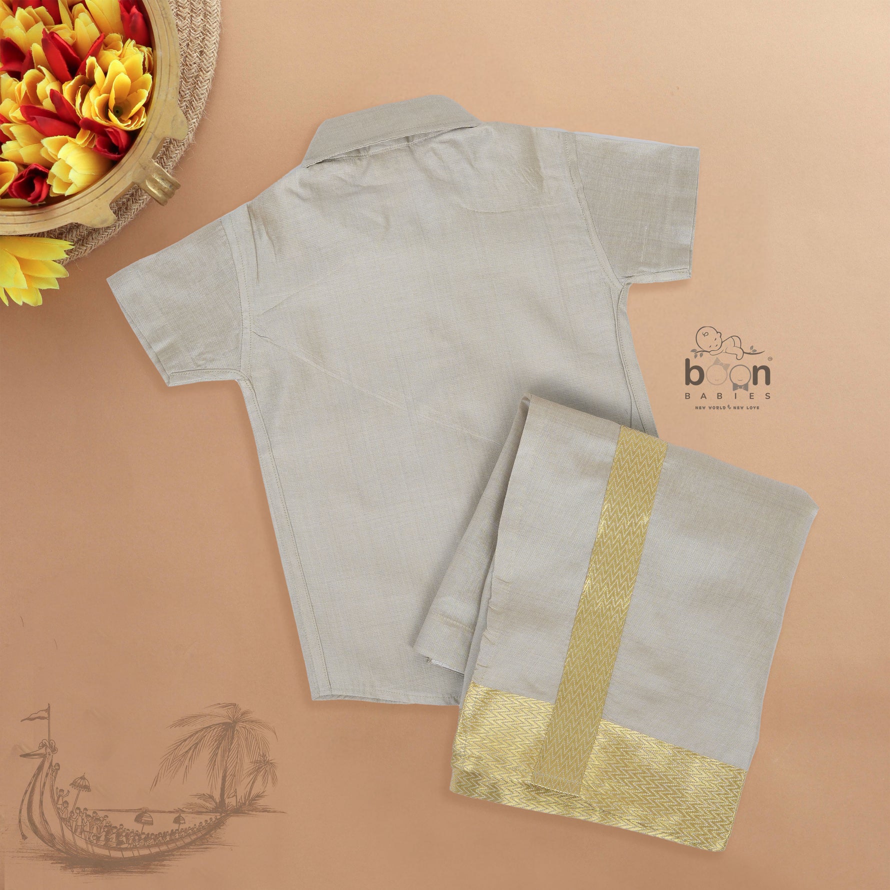 Silver silk shirt & dhoti set with golden zari border for boys aged 6M–5Y. Ideal festive wear for Onam & celebrations.