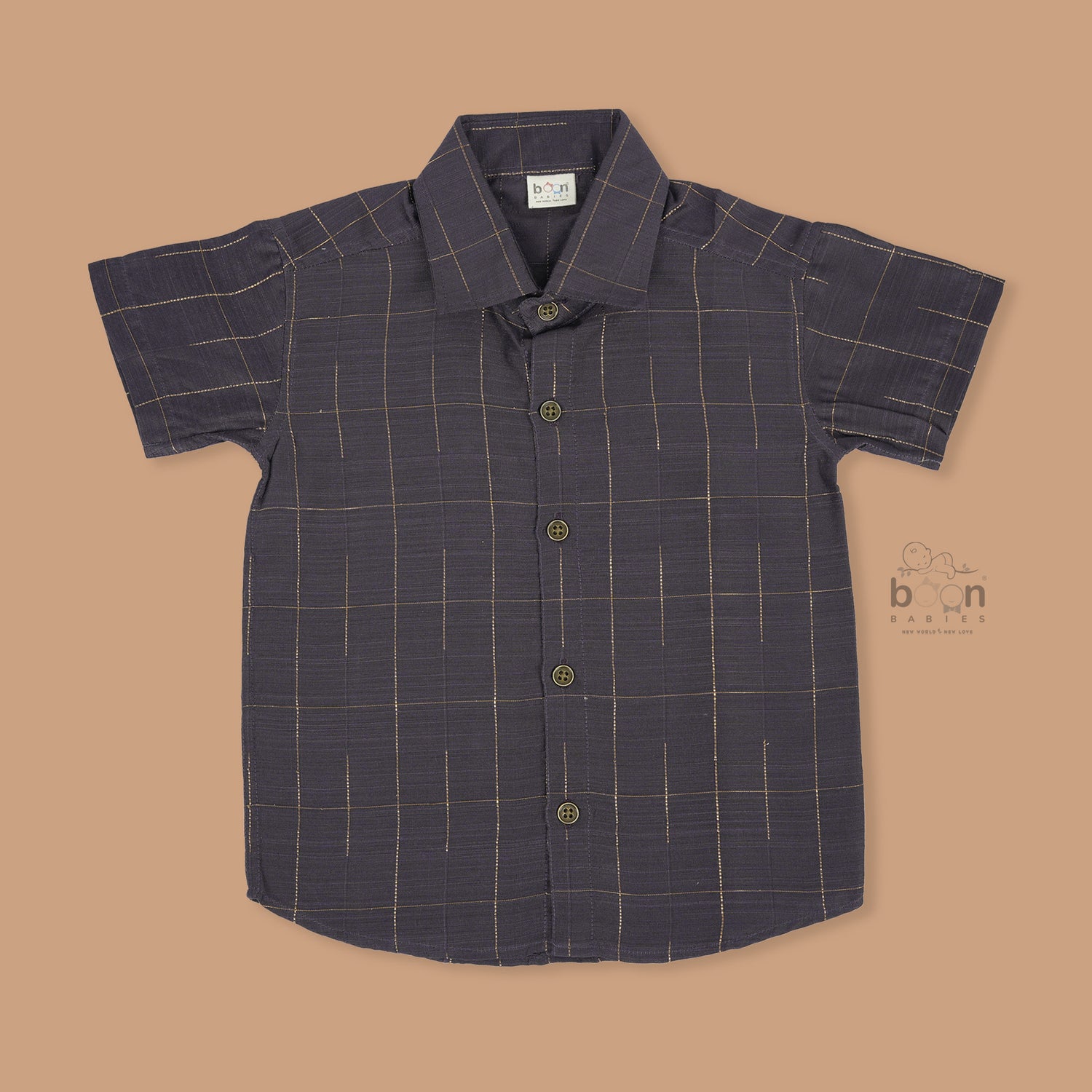 Boys ethnic silk shirt in navy with checked pattern paired with white and gold bordered dhoti, displayed flatlay style – festive wear from Boon Babies.
