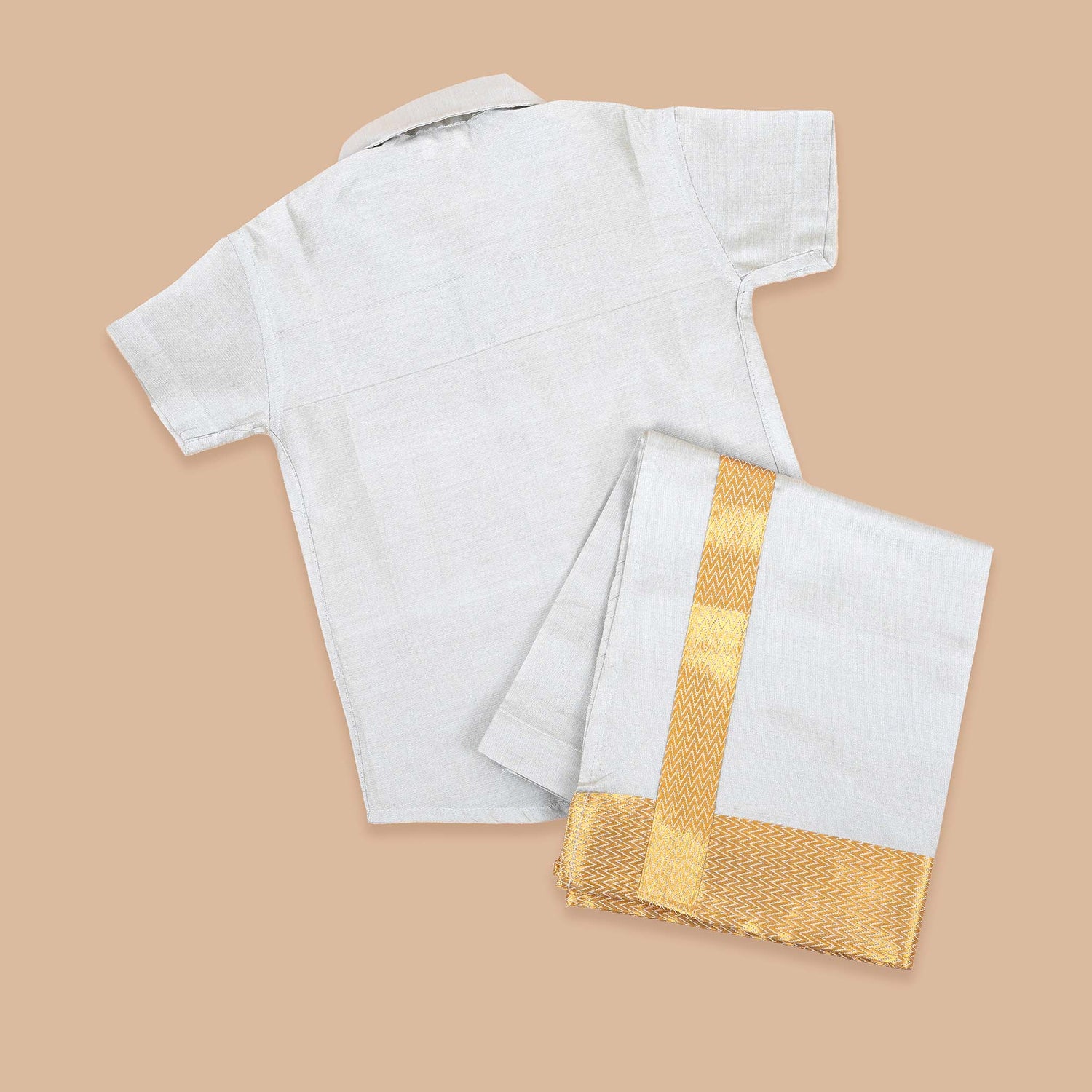Grey Silk Shirt with Traditional Pattu Dhoti Set for Boys