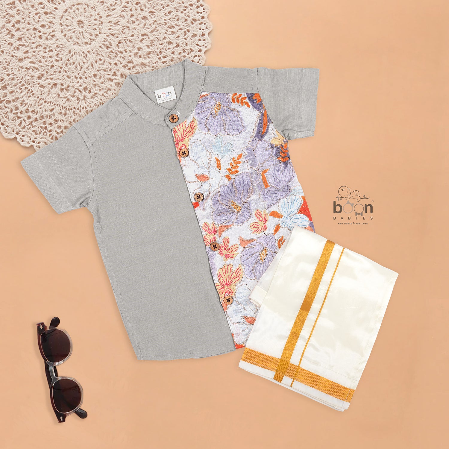 Light Grey Silk Panel Shirt with Pattu Dhoti for Boys – Festive Traditional Wear