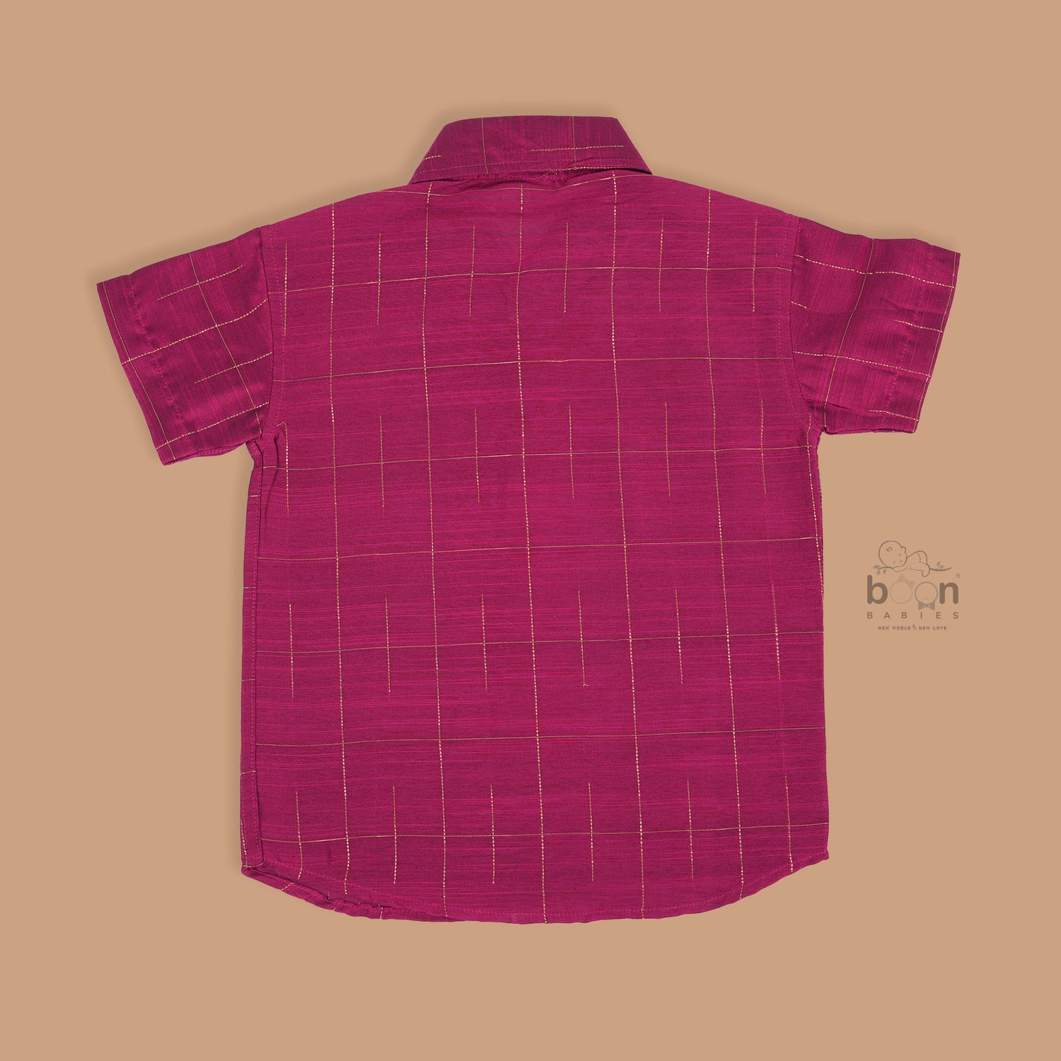 Boys festive outfit with maroon silk checked shirt and white dhoti with gold border – ethnic South Indian look from Boon Babies.
