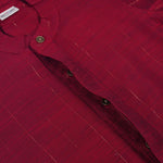 Maroon silk checked shirt with Chinese collar paired with golden border cream dhoti – traditional boys ethnic wear from Boon Babies for 6 months to 5 years.
