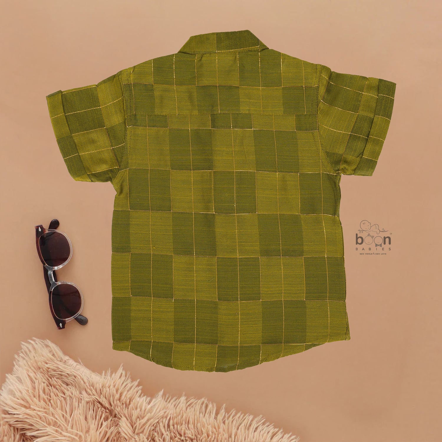 Olive green Chinese collar checked silk shirt with matching white dhoti and gold border – boys festive traditional wear by Boon Babies.
