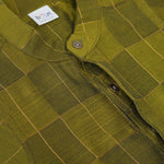 Olive green Chinese collar checked silk shirt with matching white dhoti and gold border – boys festive traditional wear by Boon Babies.
