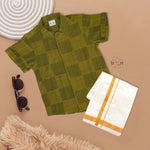 Olive green Chinese collar checked silk shirt with matching white dhoti and gold border – boys festive traditional wear by Boon Babies.
