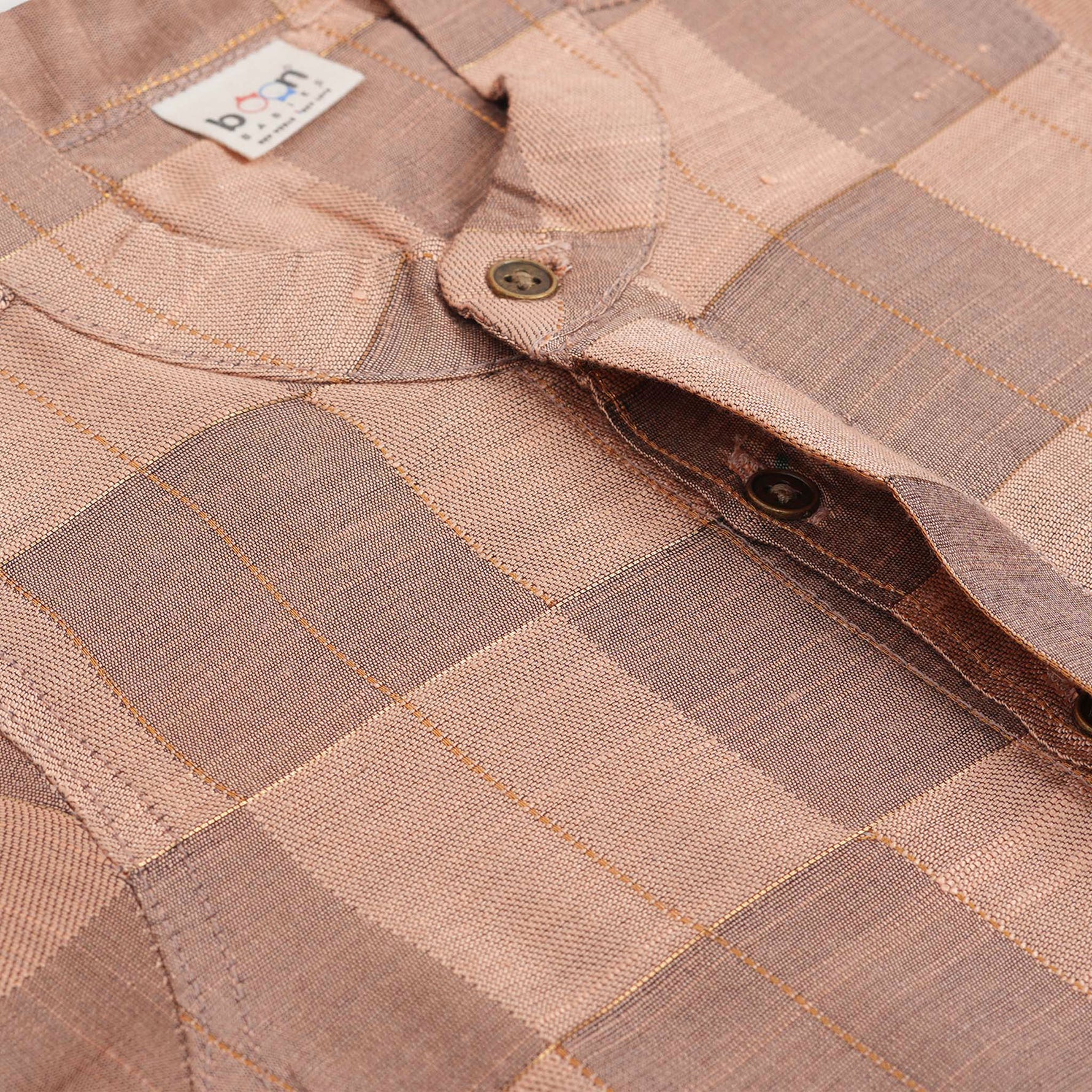 Peach checked silk Chinese collar shirt with white and gold bordered dhoti – boys traditional festive outfit from Boon Babies.
