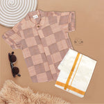 Peach checked silk Chinese collar shirt with white and gold bordered dhoti – boys traditional festive outfit from Boon Babies.
