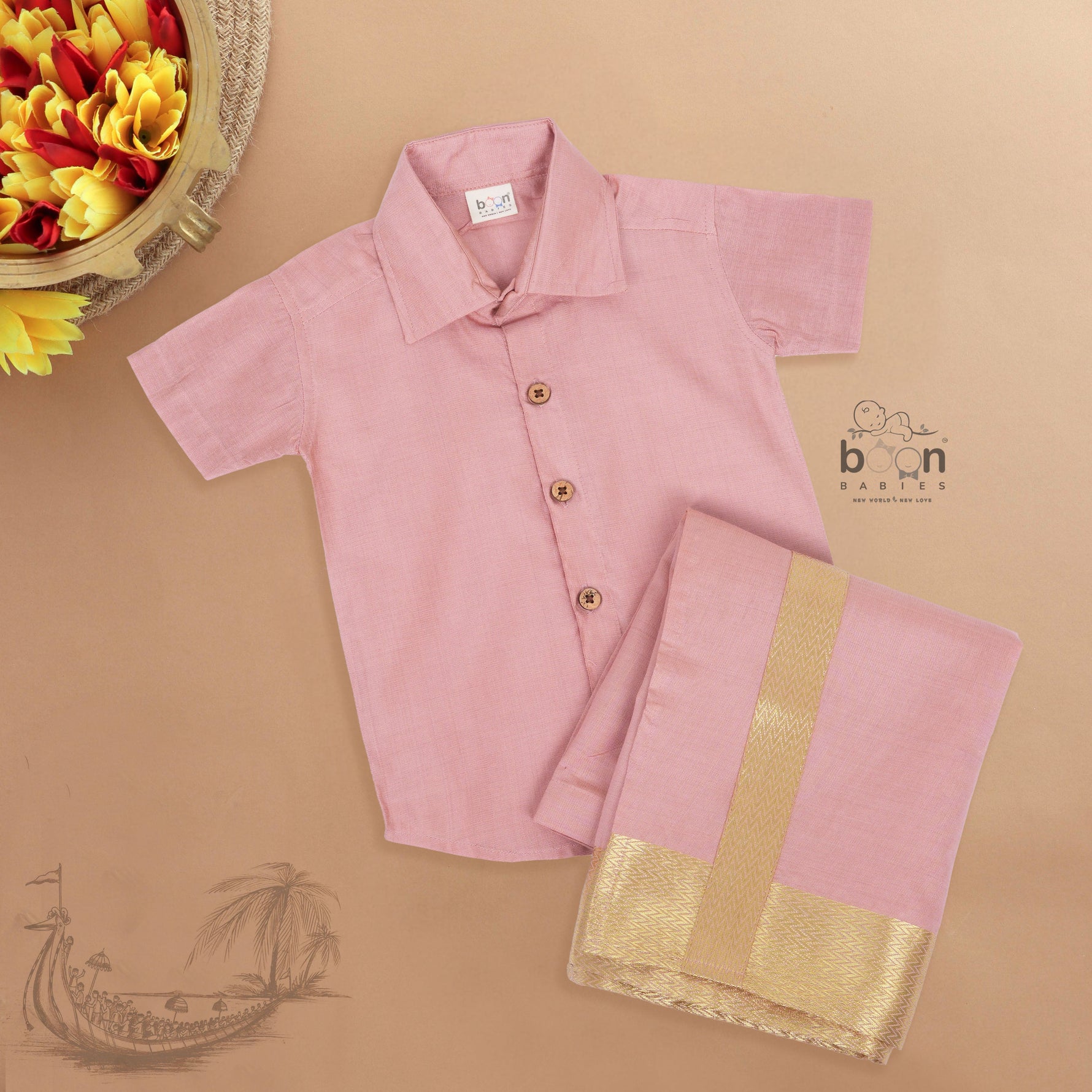 Rose pink silk shirt & dhoti with golden zari border for boys aged 6M–5Y. Ideal festive wear for Onam & celebrations.