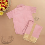 Rose pink silk shirt & dhoti with golden zari border for boys aged 6M–5Y. Ideal festive wear for Onam & celebrations.