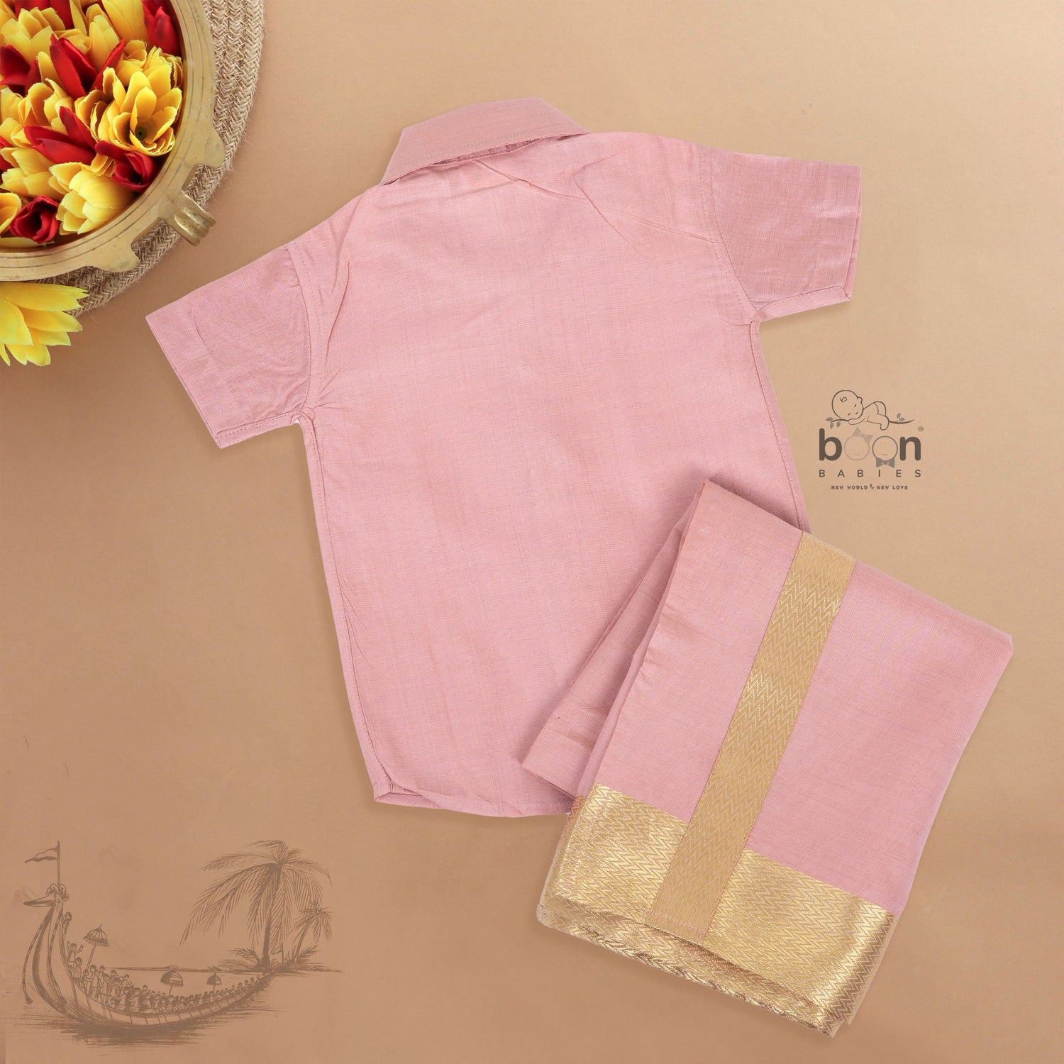 Rose pink silk shirt & dhoti with golden zari border for boys aged 6M–5Y. Ideal festive wear for Onam & celebrations.