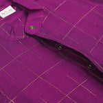 Purple checked silk shirt with Chinese collar and white dhoti with gold zari border – festive traditional wear for boys from Boon Babies.
