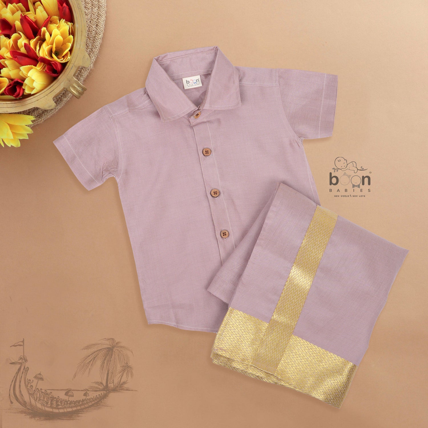 Purple silk shirt & dhoti with golden zari border for boys aged 6M–5Y. Perfect traditional wear for Onam & special occasions.