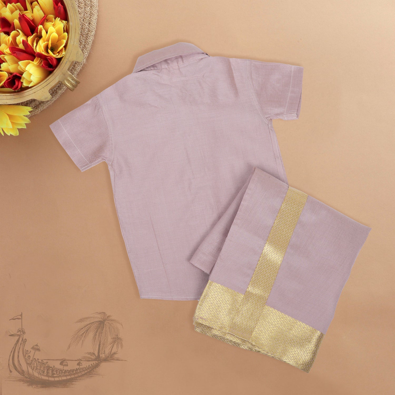 Purple silk shirt & dhoti with golden zari border for boys aged 6M–5Y. Perfect traditional wear for Onam & special occasions.