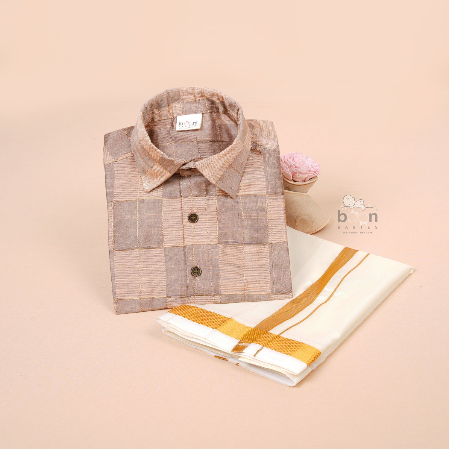 Beige Silk Boys Ethnic Shirt & Dhoti Set – Graceful & Elegant