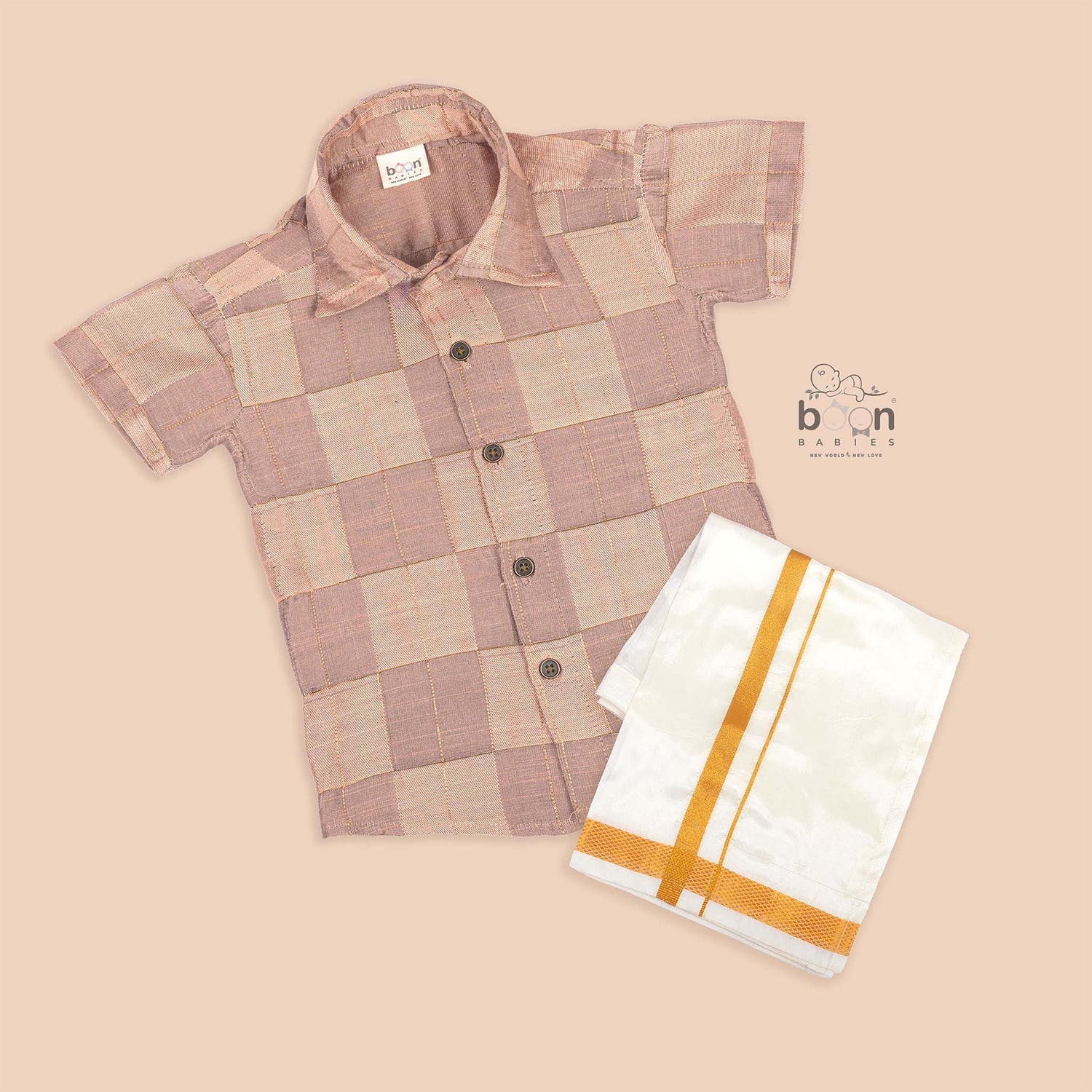 Beige Silk Boys Ethnic Shirt & Dhoti Set – Graceful & Elegant