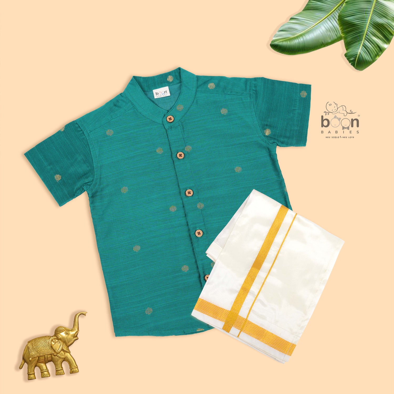 Festive teal green silk butta shirt with ivory dhoti & zari border for boys aged 6M–5Y. Traditional, stylish & comfortable.