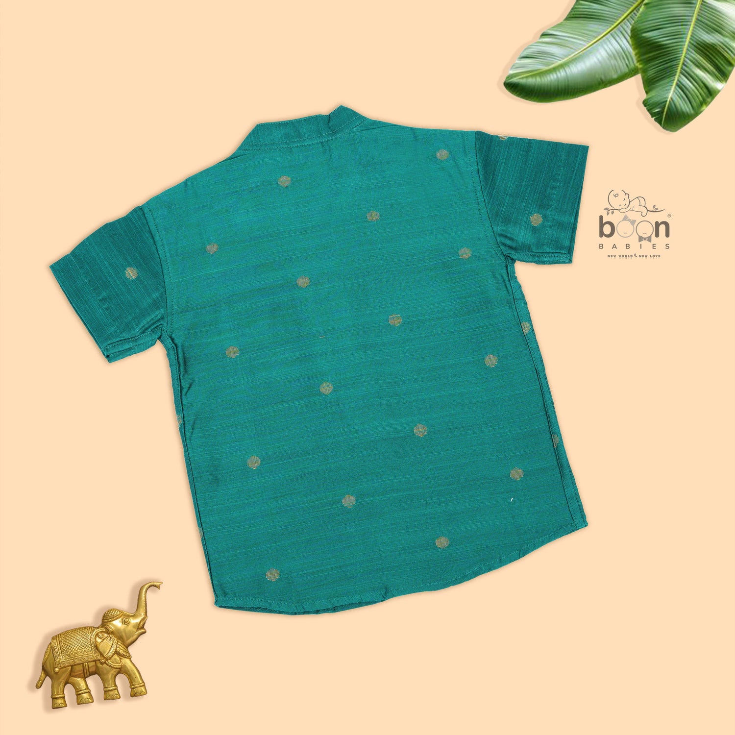 Festive teal green silk butta shirt with ivory dhoti & zari border for boys aged 6M–5Y. Traditional, stylish & comfortable.