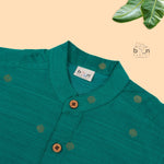 Festive teal green silk butta shirt with ivory dhoti & zari border for boys aged 6M–5Y. Traditional, stylish & comfortable.