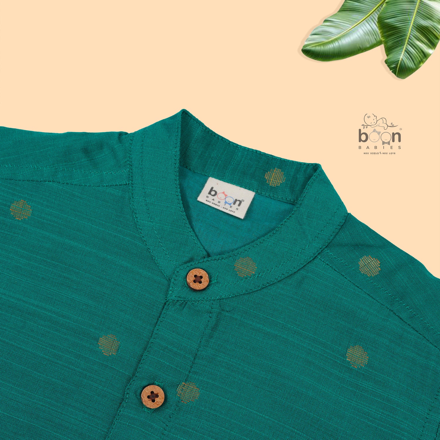 Festive teal green silk butta shirt with ivory dhoti & zari border for boys aged 6M–5Y. Traditional, stylish & comfortable.
