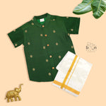 Elegant boys’ Dark green silk butta shirt & ivory dhoti with zari border. Festive & comfortable traditional wear for 6M–5Y.