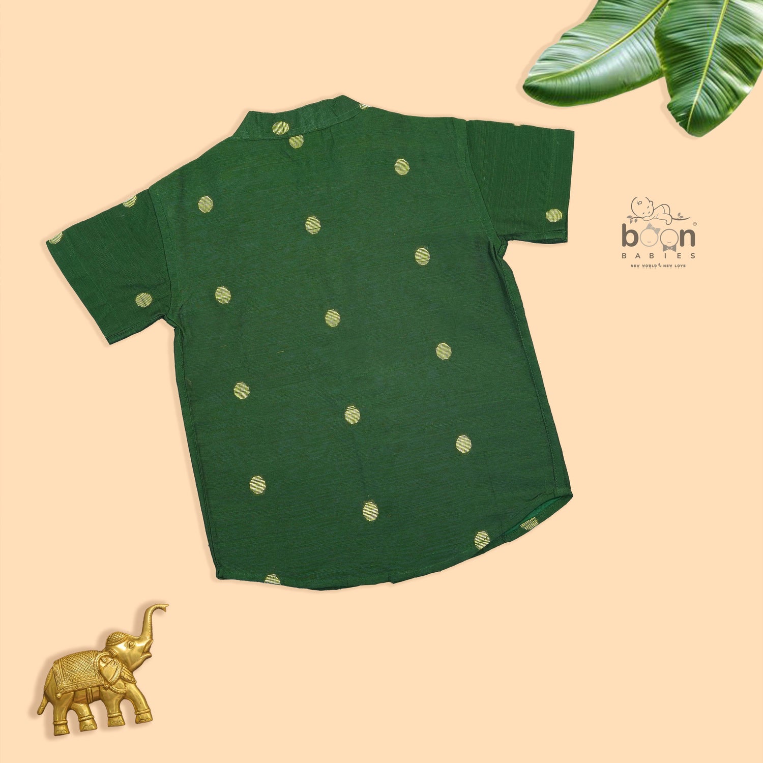 Elegant boys’ Dark green silk butta shirt & ivory dhoti with zari border. Festive & comfortable traditional wear for 6M–5Y.