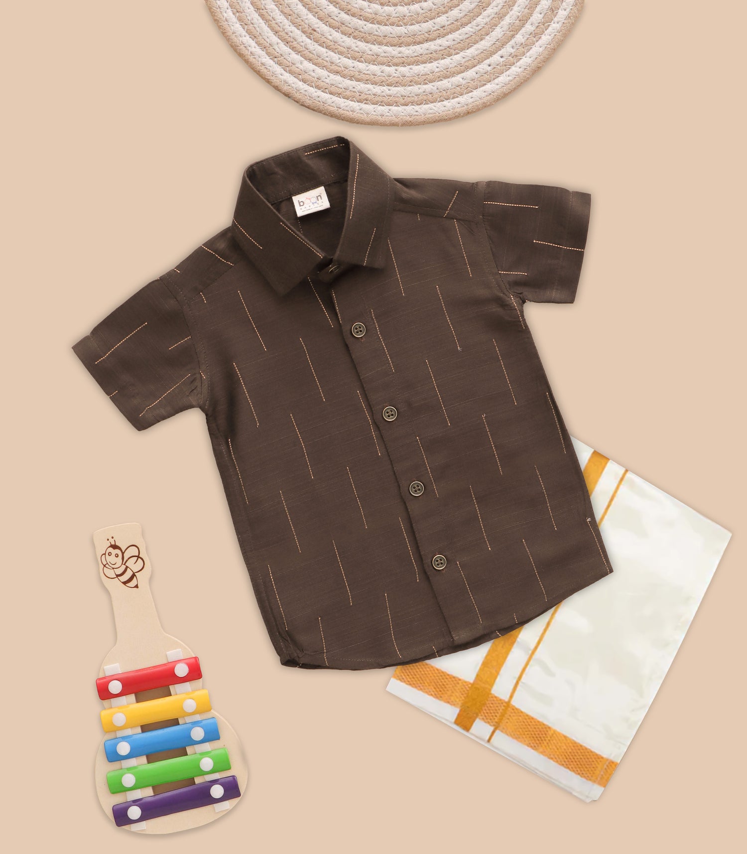 Boys Ethnic Drop Line Shirt & Dhoti Set – Brown Festive Edition