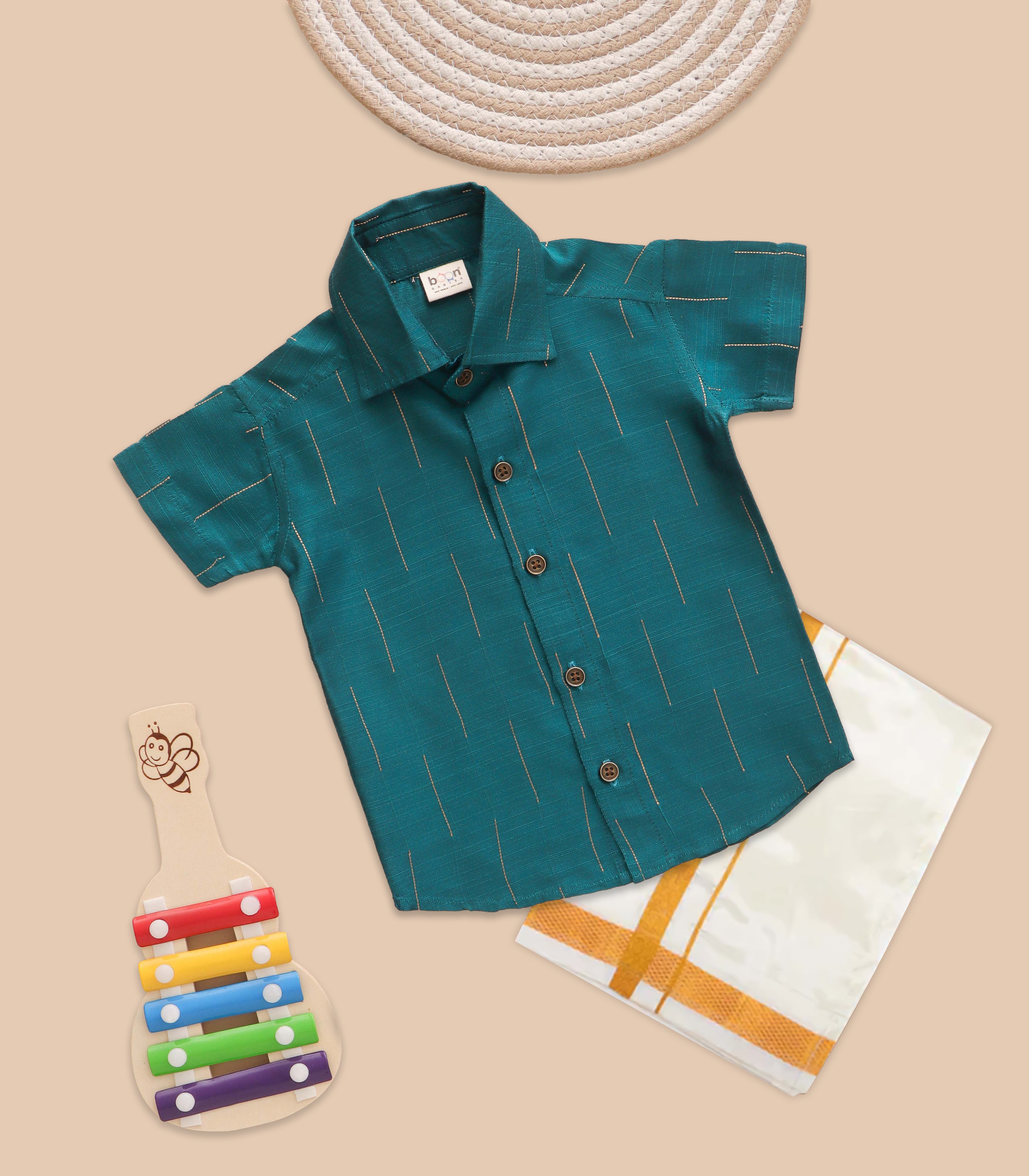 Boys ethnic drop line shirt and dhoti set in festive silk, featuring traditional design for children aged 6-12 months.