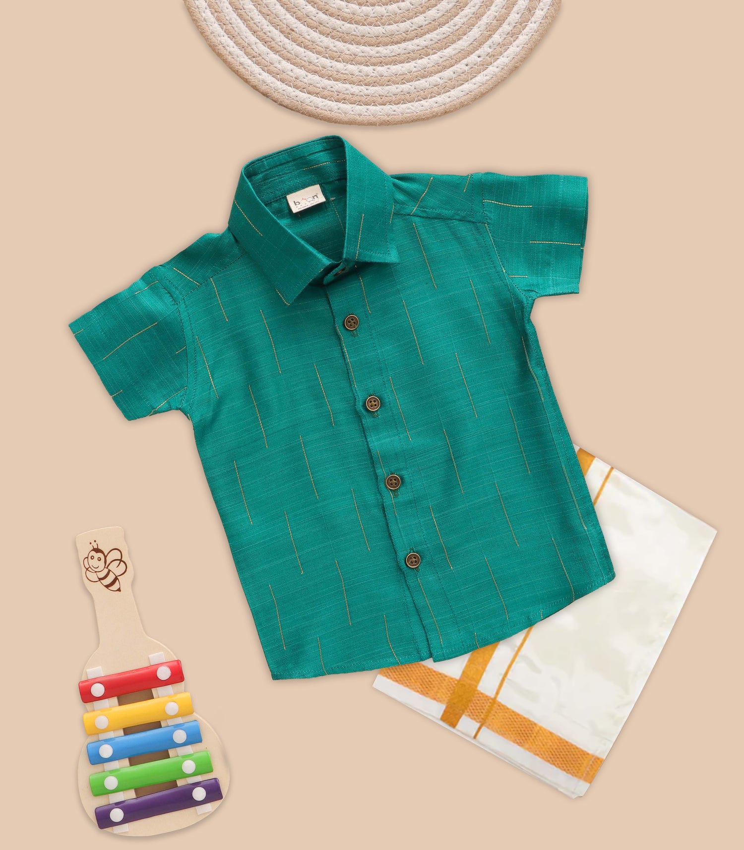 Boys Ethnic Drop Line Shirt & Dhoti Set – Teal Green