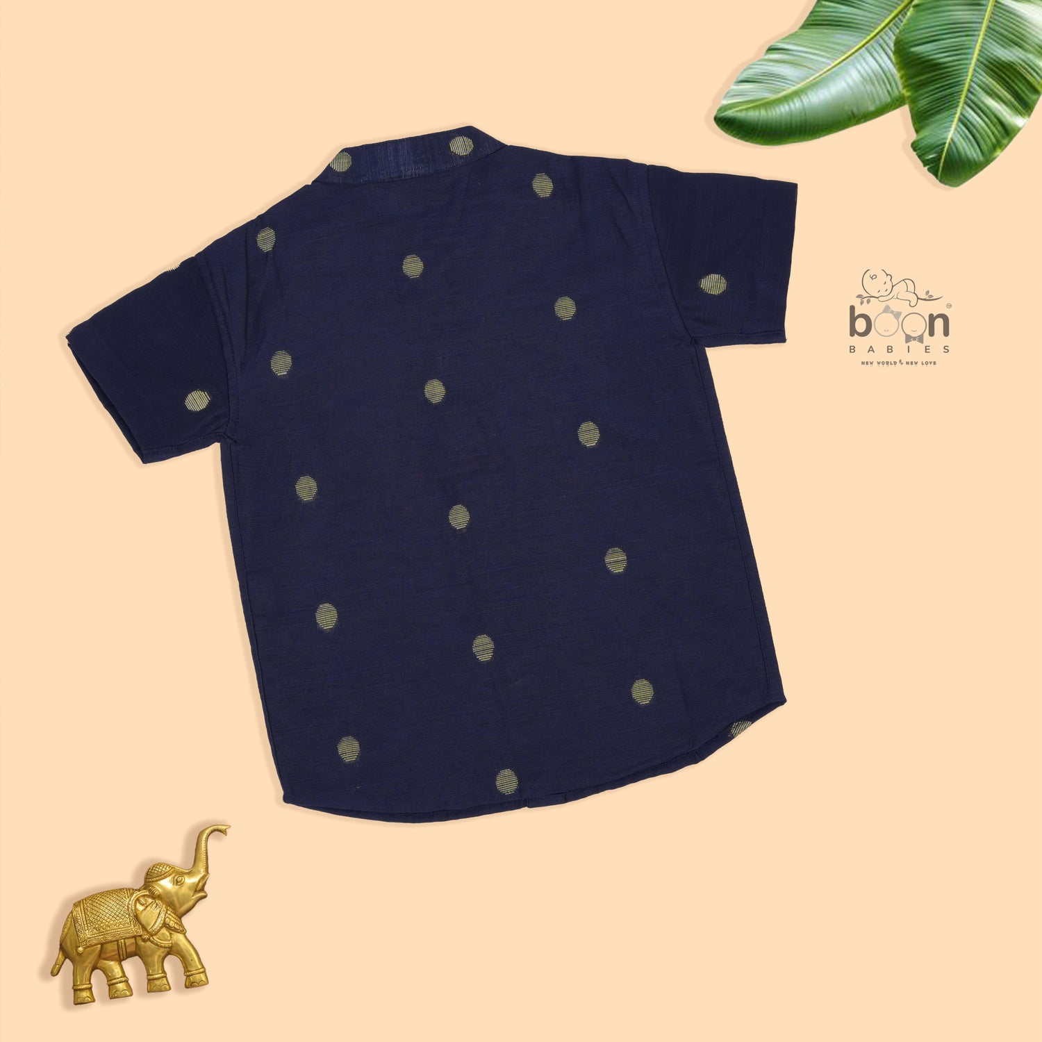 Elegant navy blue silk butta shirt with ivory dhoti & zari border. Perfect festive wear for boys aged 6M–5Y.