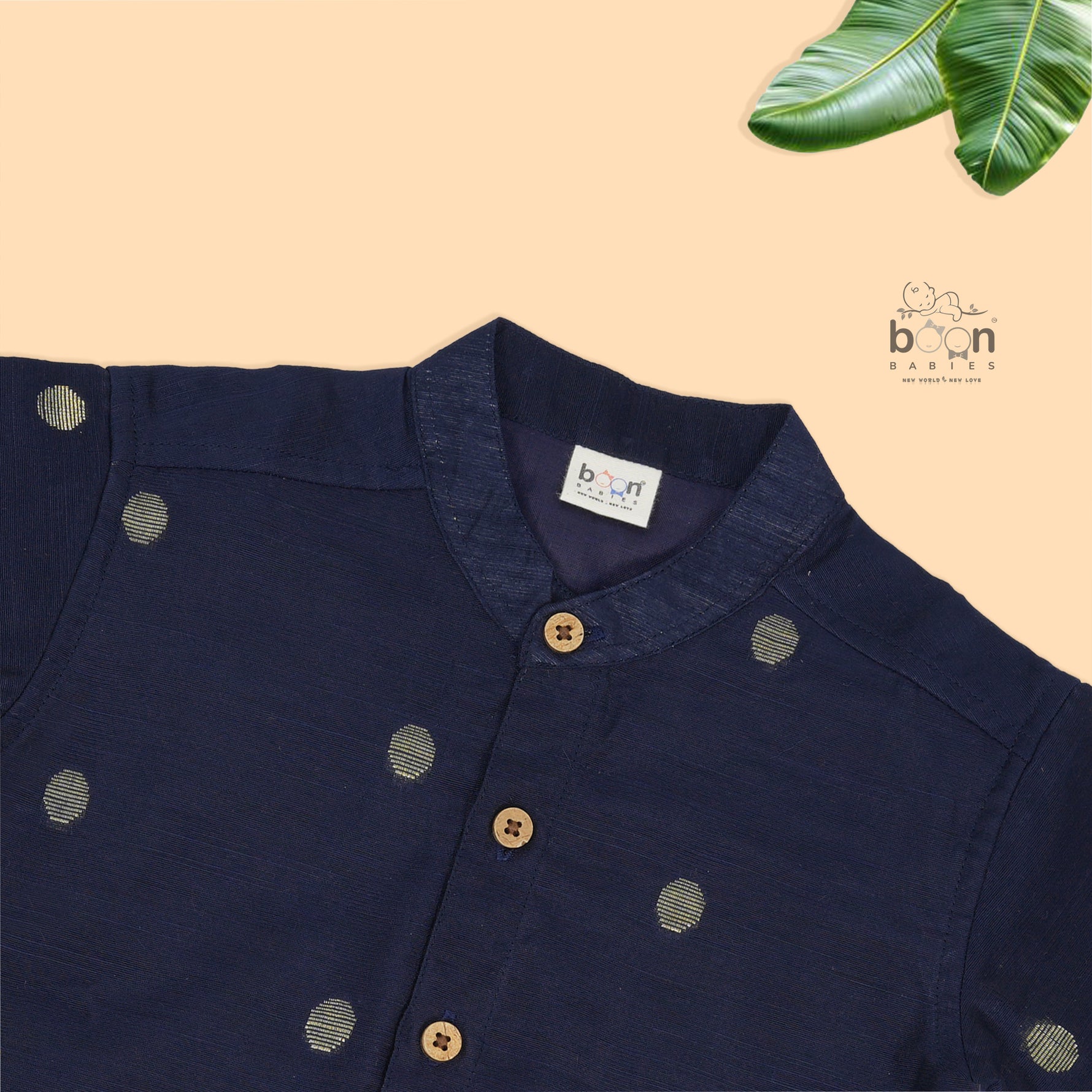 Elegant navy blue silk butta shirt with ivory dhoti & zari border. Perfect festive wear for boys aged 6M–5Y.