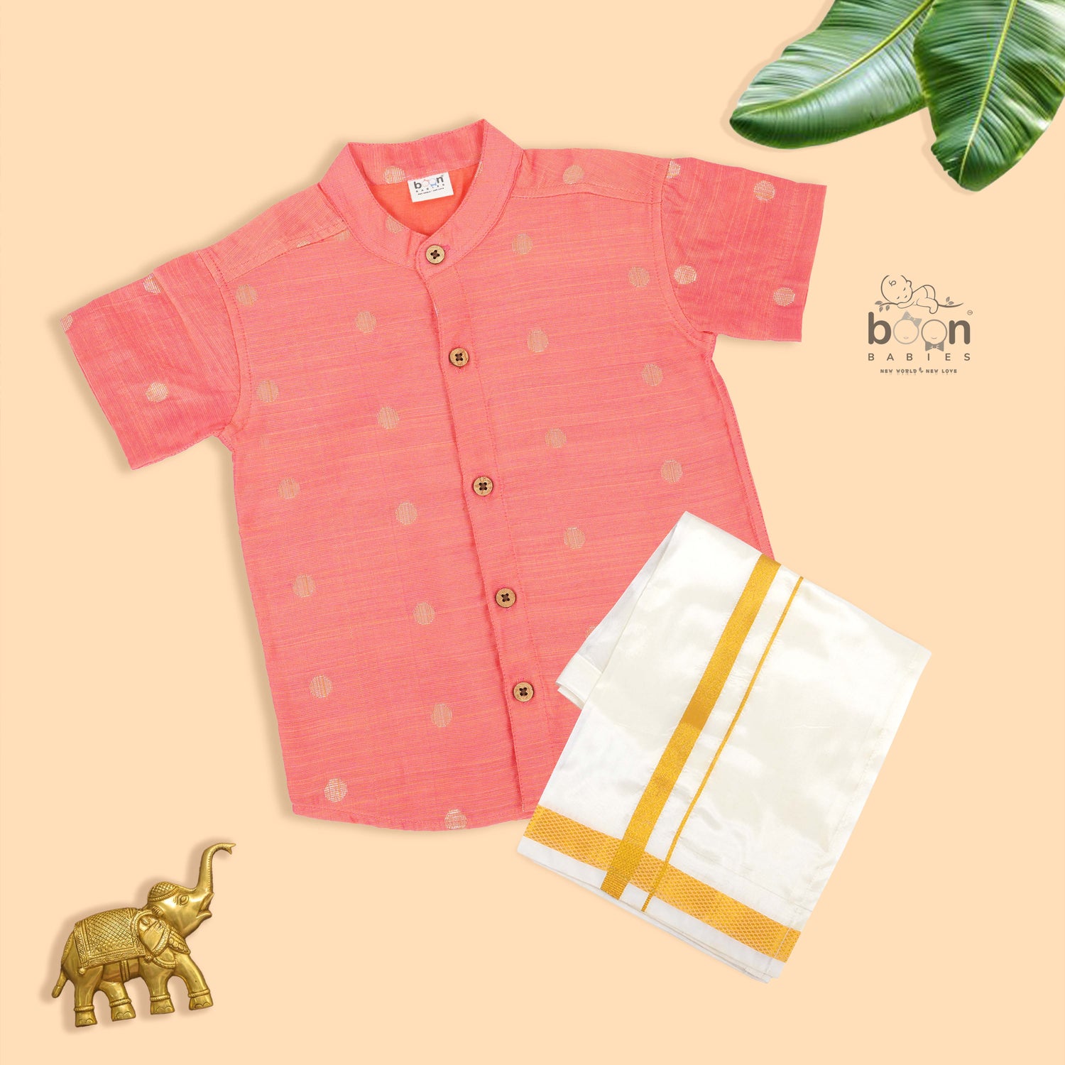 Elegant peach silk butta shirt with ivory dhoti & zari border. Festive & traditional wear for boys aged 6M–5Y.