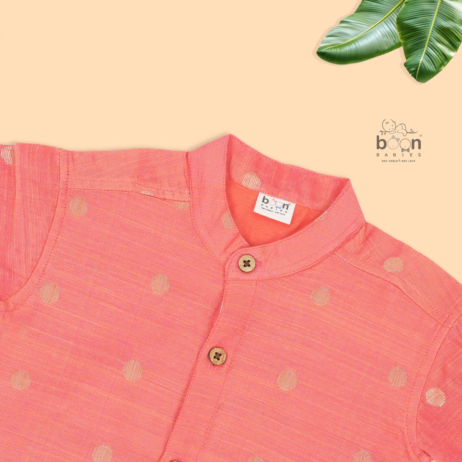 Elegant peach silk butta shirt with ivory dhoti & zari border. Festive & traditional wear for boys aged 6M–5Y.