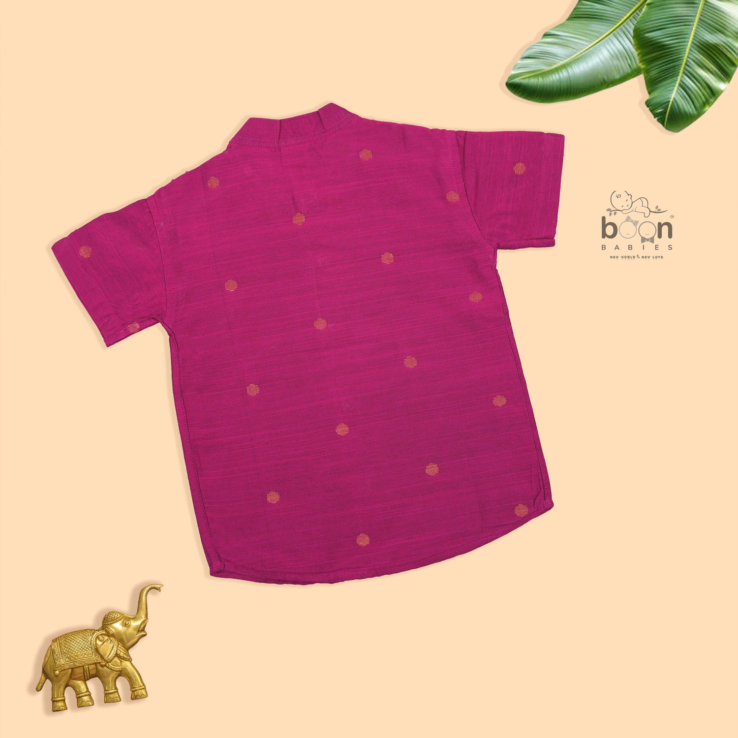 Boys’ festive Mejanta  pink silk butta shirt with ivory dhoti & golden zari border. Stylish traditional outfit for ages 6M–5Y.