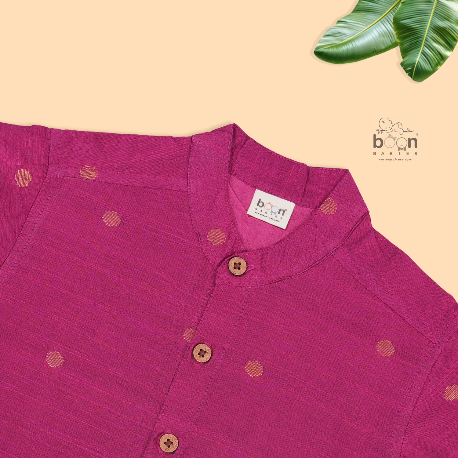 Boys’ festive Mejanta  pink silk butta shirt with ivory dhoti & golden zari border. Stylish traditional outfit for ages 6M–5Y.