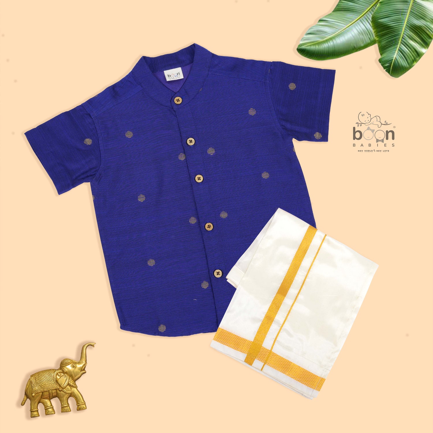 Royal Blue silk butta shirt with ivory dhoti & golden zari border. Traditional & festive outfit for boys aged 6M–5Y.