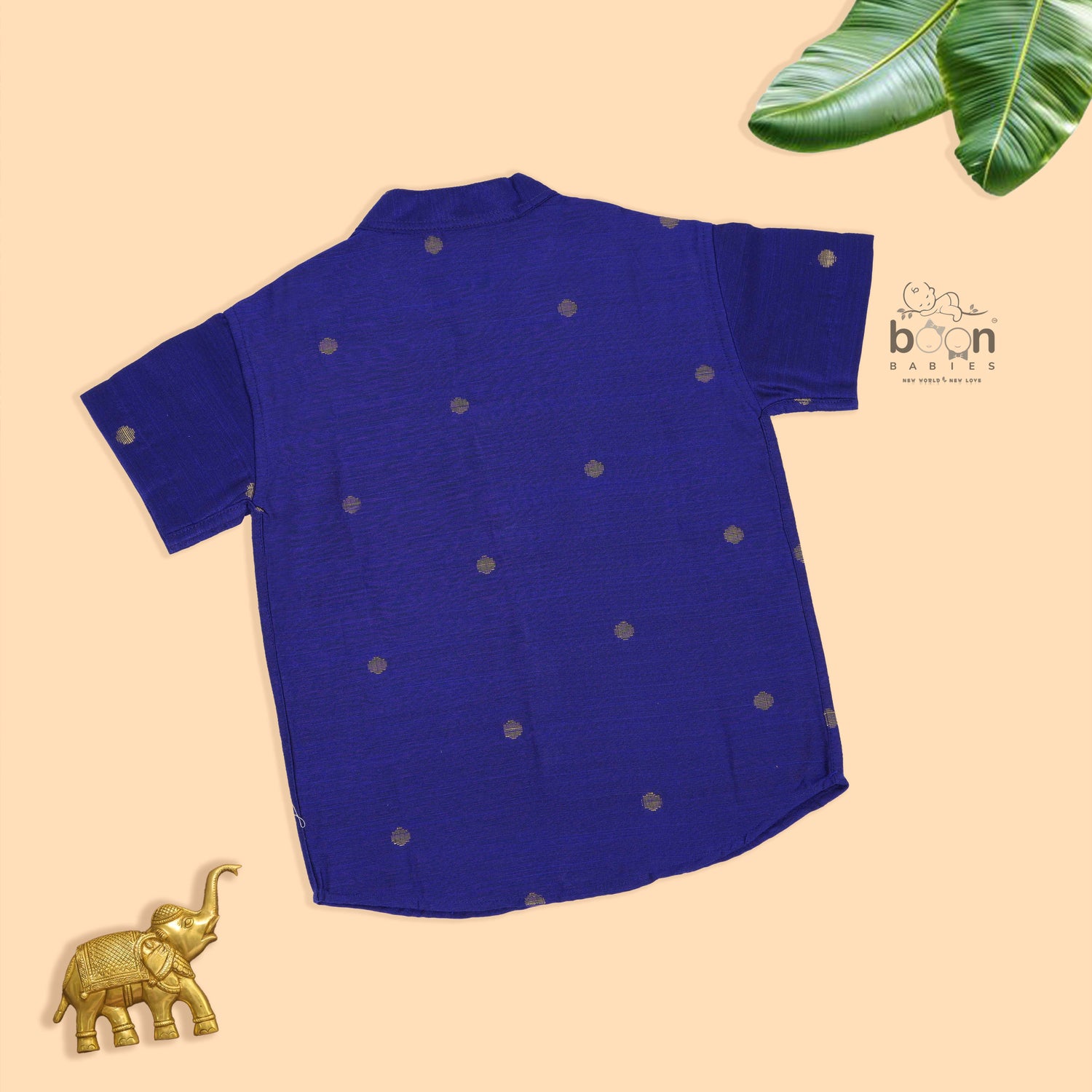 Royal Blue silk butta shirt with ivory dhoti & golden zari border. Traditional & festive outfit for boys aged 6M–5Y.
