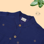 Royal Blue silk butta shirt with ivory dhoti & golden zari border. Traditional & festive outfit for boys aged 6M–5Y.