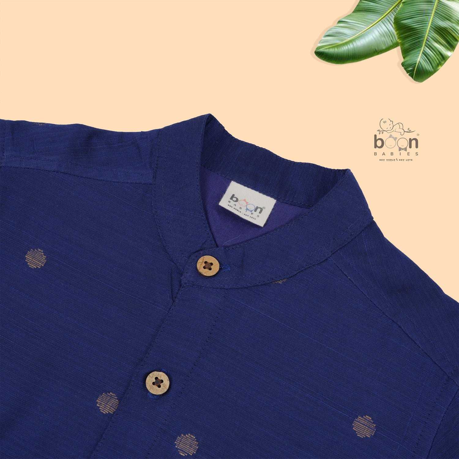 Royal Blue silk butta shirt with ivory dhoti & golden zari border. Traditional & festive outfit for boys aged 6M–5Y.