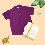 Elegant boys’ purple silk butta shirt with ivory dhoti & zari border. Festive, stylish & comfortable traditional wear for 6M–5Y.