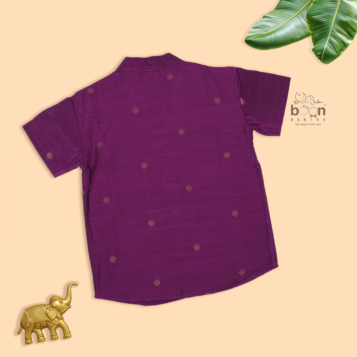 Elegant boys’ purple silk butta shirt with ivory dhoti & zari border. Festive, stylish & comfortable traditional wear for 6M–5Y.