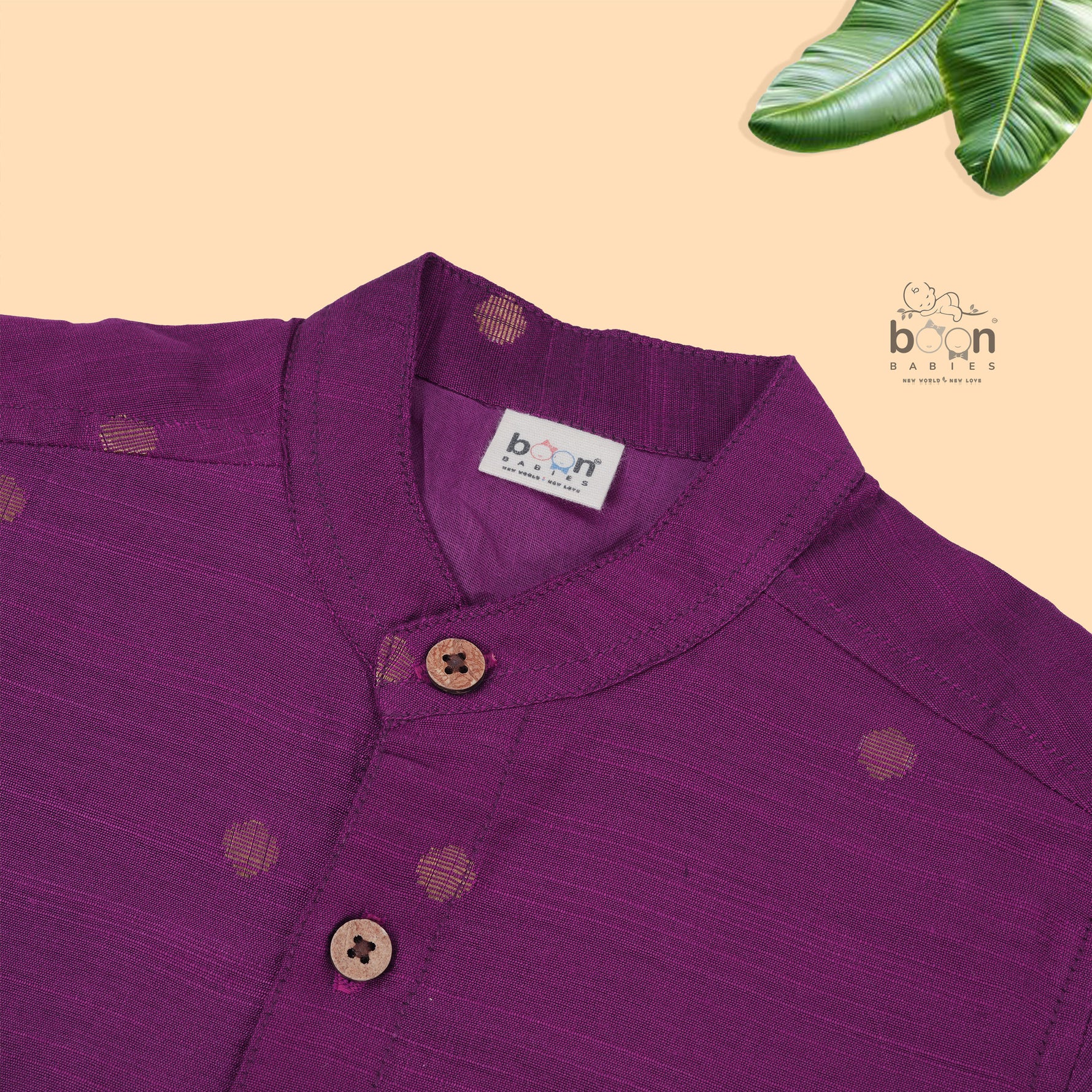 Elegant boys’ purple silk butta shirt with ivory dhoti & zari border. Festive, stylish & comfortable traditional wear for 6M–5Y.